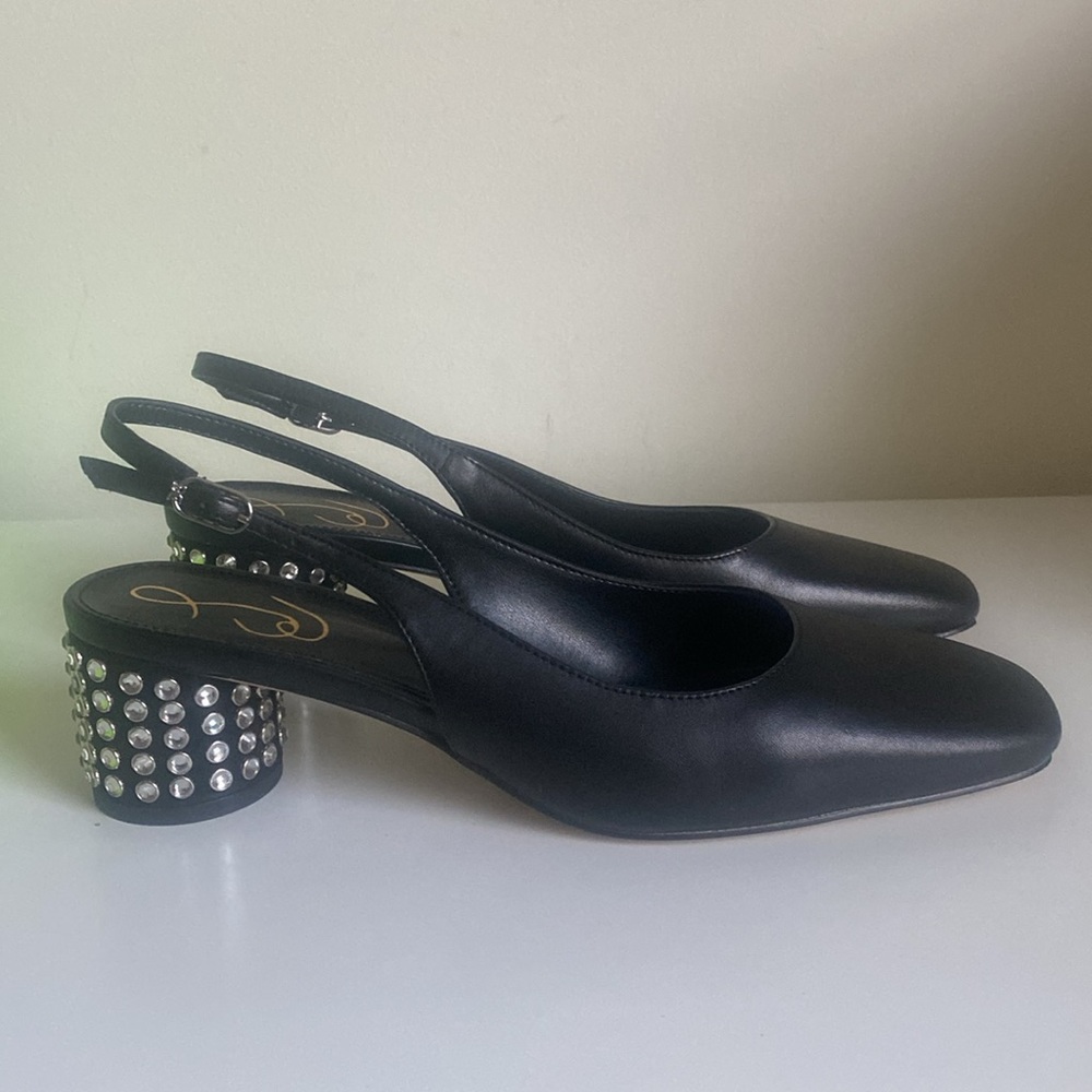 Sam Edelman Terra Gem Blk Leather Slingback Size 7 NWT Round Heel w/ Rhinestones - Picture 3 of 14